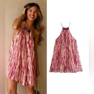 ZARA Beaded Tie-Dye Mini Tunic Pink & Beige Dress